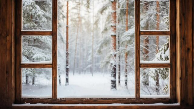 Silhouette of a wooden window overlooking the winter forest. Beautiful winter landscape with snow falling at Christmas. Seamless looping time-lapse video background animation. Generated with AI