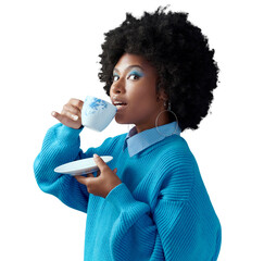 Isolated African woman, tea cup and portrait for drink, fashion and retro style by transparent png background. Girl, model and person with coffee, coco and trendy aesthetic with vintage clothes