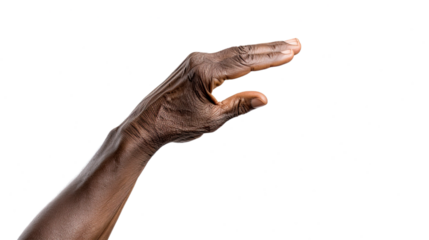 Black african american old man hand trying to reach something. Isolated on Transparent background.