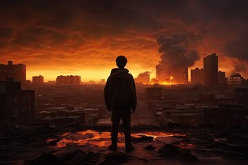 Young adult  standing in cityscape skyscrapers sunset nature 