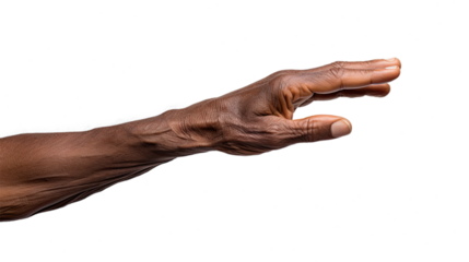 Black african american old man hand trying to reach something. Isolated on Transparent background.