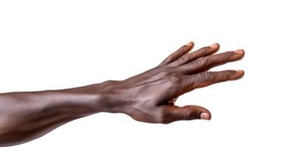 Black african american old man hand trying to reach something. Isolated on Transparent background.