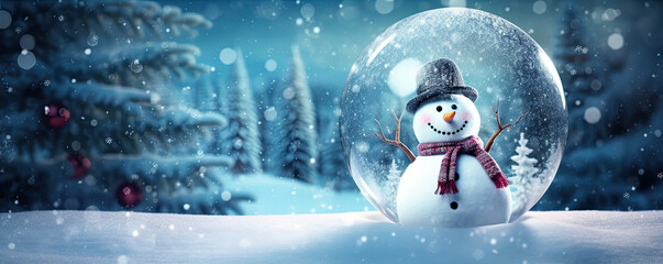Happy snow man in christ mass ball. Christmass concept wide banner. Snow and flakes against blur...