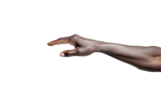 Black african american old man hand trying to reach something. Isolated on Transparent background.
