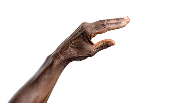 Black african american old man hand trying to reach something. Isolated on Transparent background.