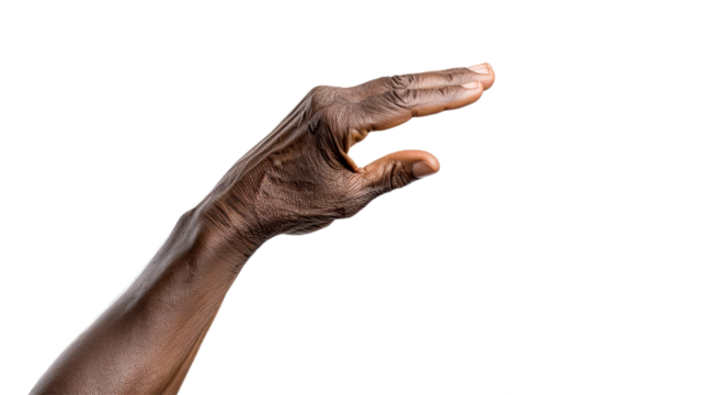 Black african american old man hand trying to reach something. Isolated on Transparent background.