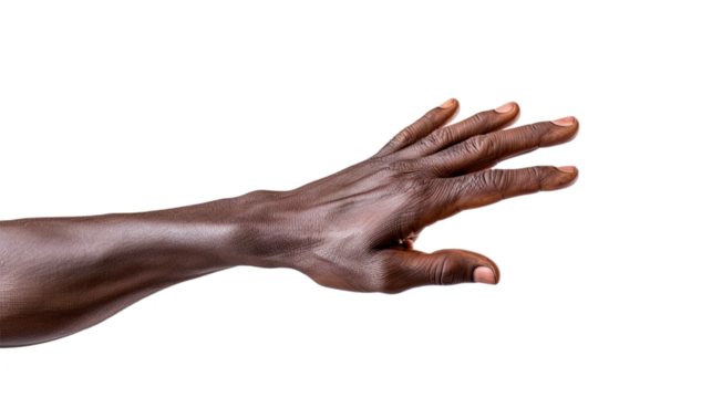 Black african american old man hand trying to reach something. Isolated on Transparent background.