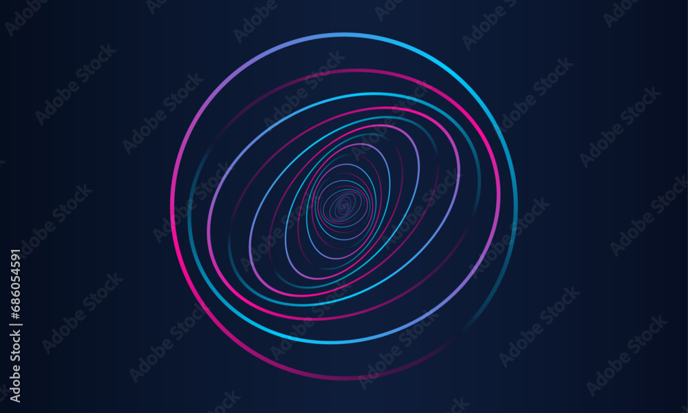 Poster abstract circle line pattern spin blue pink light isolated on black background in the concept of mus