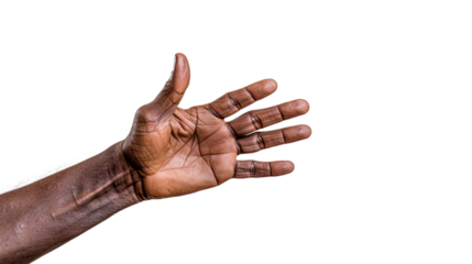 Black african american old man hand trying to reach something. Isolated on Transparent background.