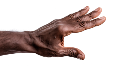 Black african american old man hand trying to reach something. Isolated on Transparent background.