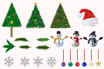 Merry Christmas and Happy New Year, material, Christmas, tree, red ball,leaf,christmas tree leaf,Snowflake icon,Santa Hats,Snowman, vector illustration, Set of Christmas festive elements for design.  