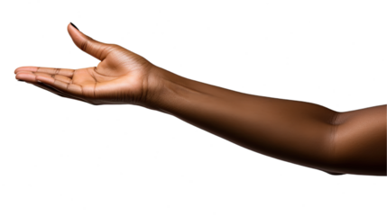 Black african american woman hand trying to reach something. Isolated on Transparent background.