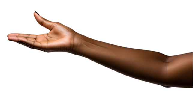 Black african american woman hand trying to reach something. Isolated on Transparent background.