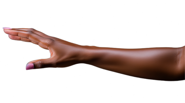 Black african american woman hand trying to reach something. Isolated on Transparent background.