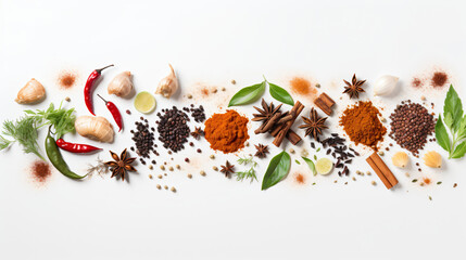 Food background with spices herbs and utensil on white