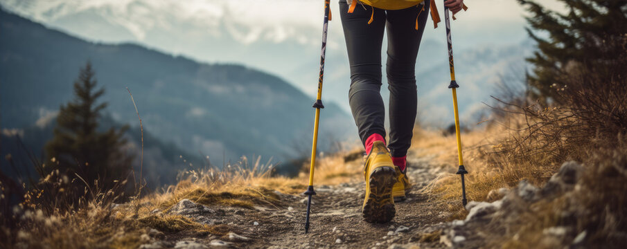 Detial of legs in hiking yellow shoes walking in the forest, using hiking sticks.