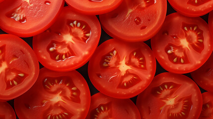 Ripe Halved vertically Tomatoes background. Aerial view photo of tomatoes cut in half. Juicy tomato in top view. Close up tomato slices. Tomato ingredient advertisement concept © Milan