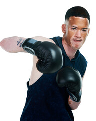 Man with vitiligo, portrait and boxer punching for self defense or training isolated on transparent...