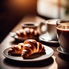 There is a crispy croissant and a cup of coffee on the plate