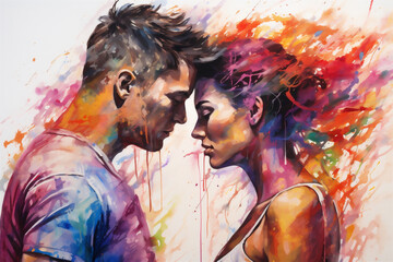 Vibrant Rainbow Watercolor Painting, Young Couple in a Loving Embrace, Chaotic Paint Splatter Representing Strong Emotions, Generative AI