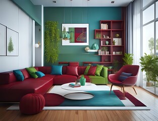 Colorful attic living room interior dining memphis design.empty wall mockup sofa and poster.white sofa and armchair.luxury home interior design,Modern cozy living room beautiful house beautiful apartm