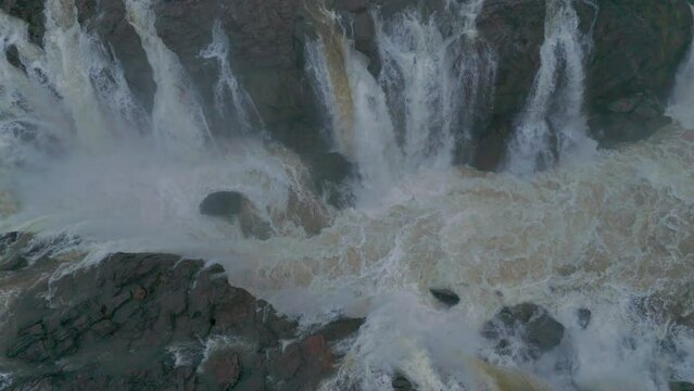 Aerial view of hogenakkal scenic waterfalls in Tamilnadu India in slowmotion 4K