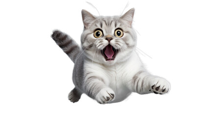 Happy cat jumping in air with funny expression. Isolated on Transparent background.