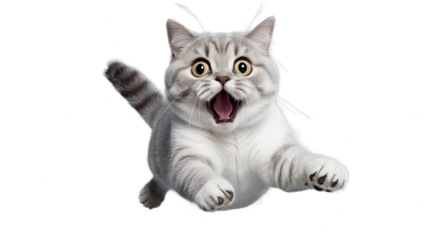 Happy cat jumping in air with funny expression. Isolated on Transparent background.