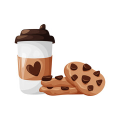 Cup of coffee with lid and oatmeal cookies with chocolate. Cartoon vector illustration. Snack, delicious cozy food and drinks.