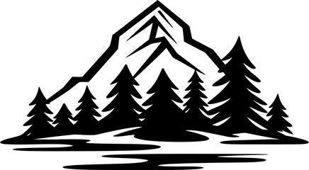 Obraz premium Mountain and trees landscape silhouette icon in black color. Vector template.