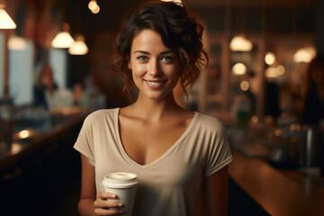 Break pause during work concept. Portrait of friendly female woman happy lady for social media, inside cafe or restaurant with eco paper cup tea coffee drink smiling in camera, crowd on background - obrazy, fototapety, plakaty