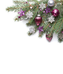 Fir branch with Christmas decorations  isolated on white  background. Flat lay. New Year and Christmas background.