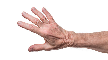 White american old man hand trying to reach something. Isolated on Transparent background.