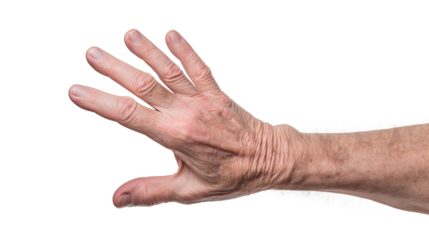 White american old man hand trying to reach something. Isolated on Transparent background.