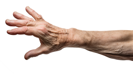 White american old man hand trying to reach something. Isolated on Transparent background.