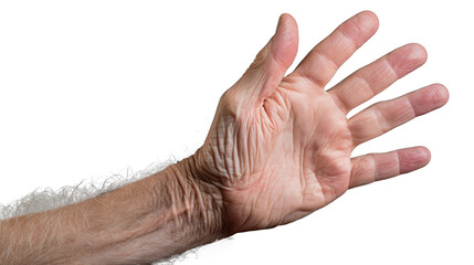 White american old man hand trying to reach something. Isolated on Transparent background.