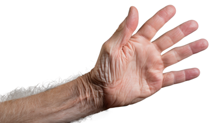 White american old man hand trying to reach something. Isolated on Transparent background.