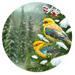 Christmas, New Year holiday background, two bright birds sit on a snow-covered branch of red berries, pine forest, fir trees, snowstorm, evening lighting, circle, 3d rendering