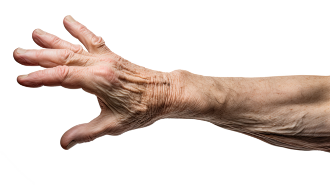 White american old man hand trying to reach something. Isolated on Transparent background.