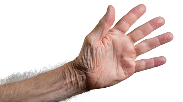 White american old man hand trying to reach something. Isolated on Transparent background.