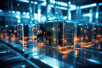 A network of devices symbolizing data protection. Modern server center with multiple servers surroundings. Mining, security, cybersecurity protection against dangers concept
