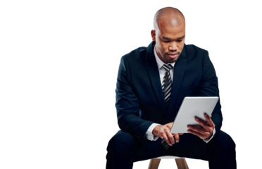 Tech, research and business man on chair, typing on internet or networking on app. Digital tablet, serious professional or consultant reading email on website isolated on a transparent png background