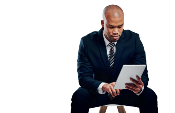Tech, research and business man on chair, typing on internet or networking on app. Digital tablet, serious professional or consultant reading email on website isolated on a transparent png background