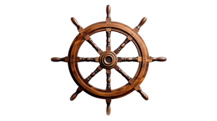 Wooden ship steering wheel. Isolated on Transparent background.