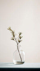 Spruce branch in glass vase, empty wall, vertical. Christmas, New Year, minimal winter holidays background.