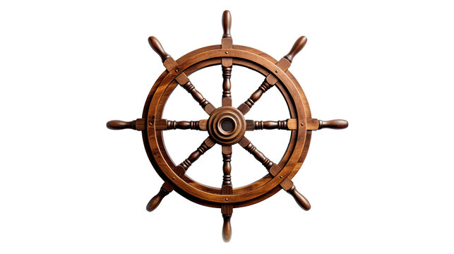 Wooden ship steering wheel. Isolated on Transparent background.