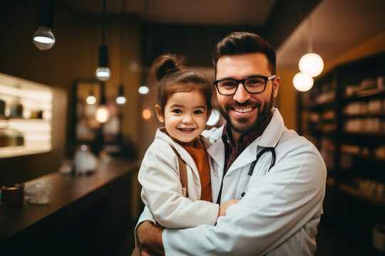 Children healthcare doctor visit consultation concept. Smiling doctor hugs baby child during medical checkup at hospital clinic. Friendly caring professional pediatrician cheking kid small patient