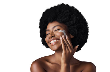 Black woman, cream and smile with skincare, dermatology and beauty isolated on a transparent...