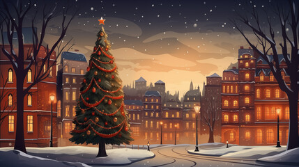 
illustration of a Christmas tree on the town square