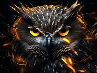 there is a black owl with yellow eyes and a black background


